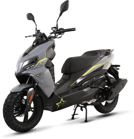 Mash Shift'R 50 Mash Shift'R 50 gris, un scooter 49,9 cm³ économique avec freins à disque, suspension avant de 31 mm, et une consommation de 2,4 L/100 km.