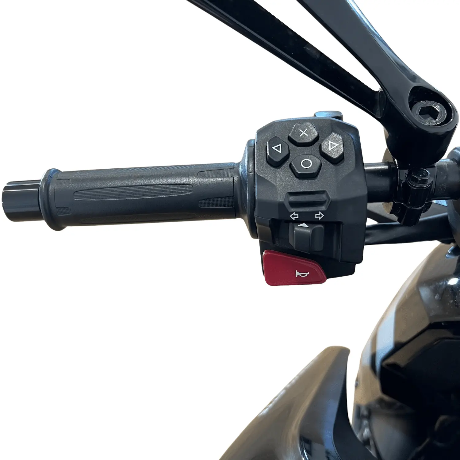 f77-mach-2-jaune-g2r-commodo-gauche Poignée gauche du guidon de la moto électrique Ultraviolette F77 Mach 2 avec commandes de clignotants et avertisseur sonore.