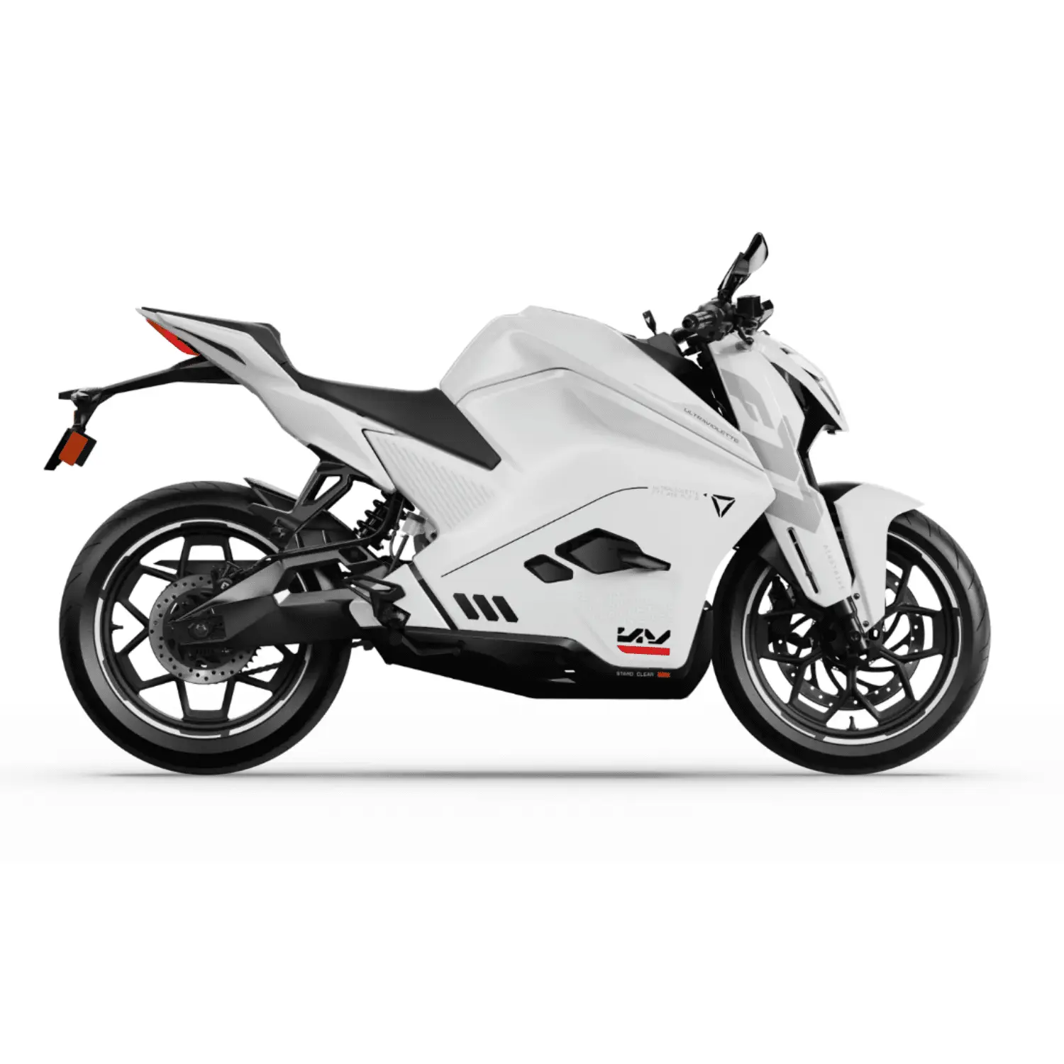 ultraviolette-f77-mach-2-blanche Moto électrique Ultraviolette F77 Mach 2 blanche – vue latérale droite sur fond blanc.