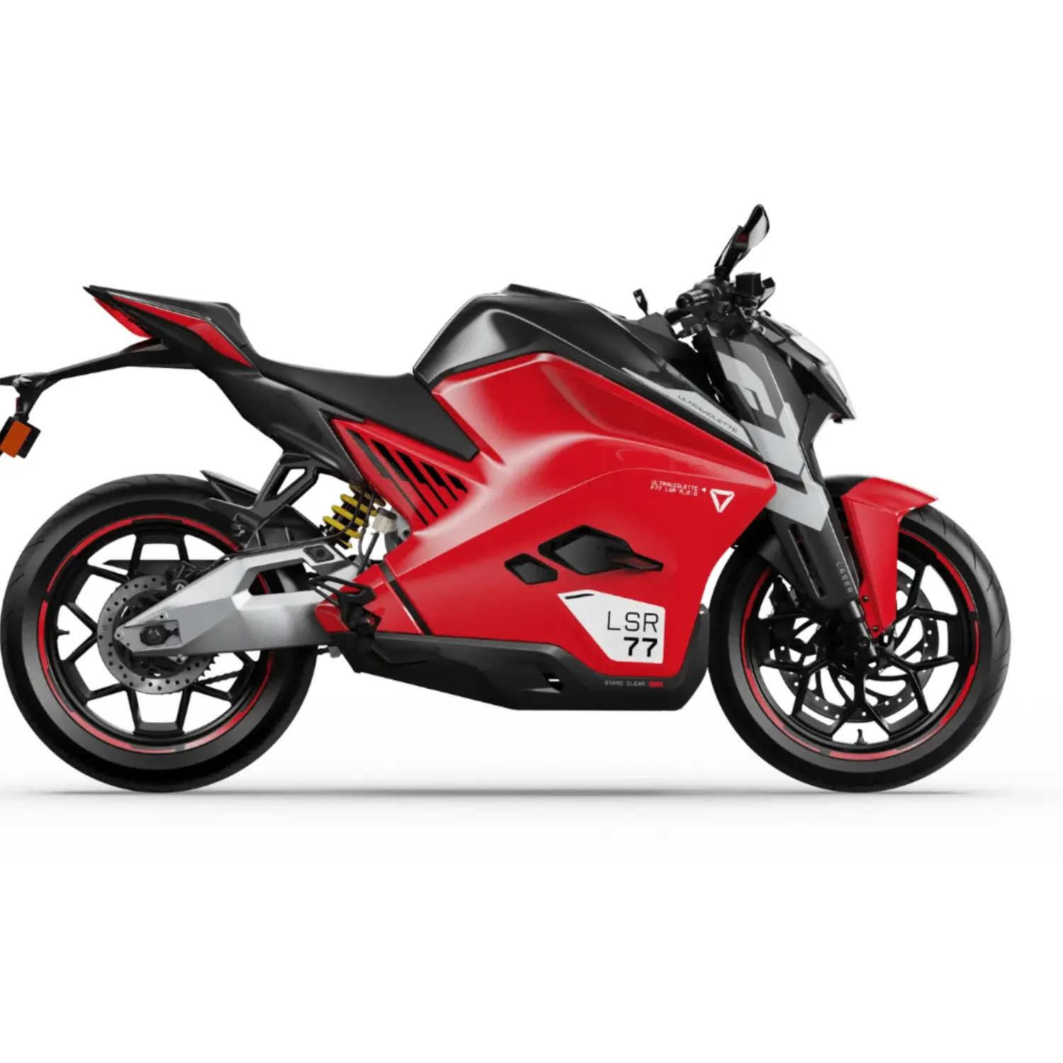 ultraviolette-f77-mach-2-rouge Moto électrique Ultraviolette F77 Mach 2 rouge – vue latérale droite sur fond blanc.