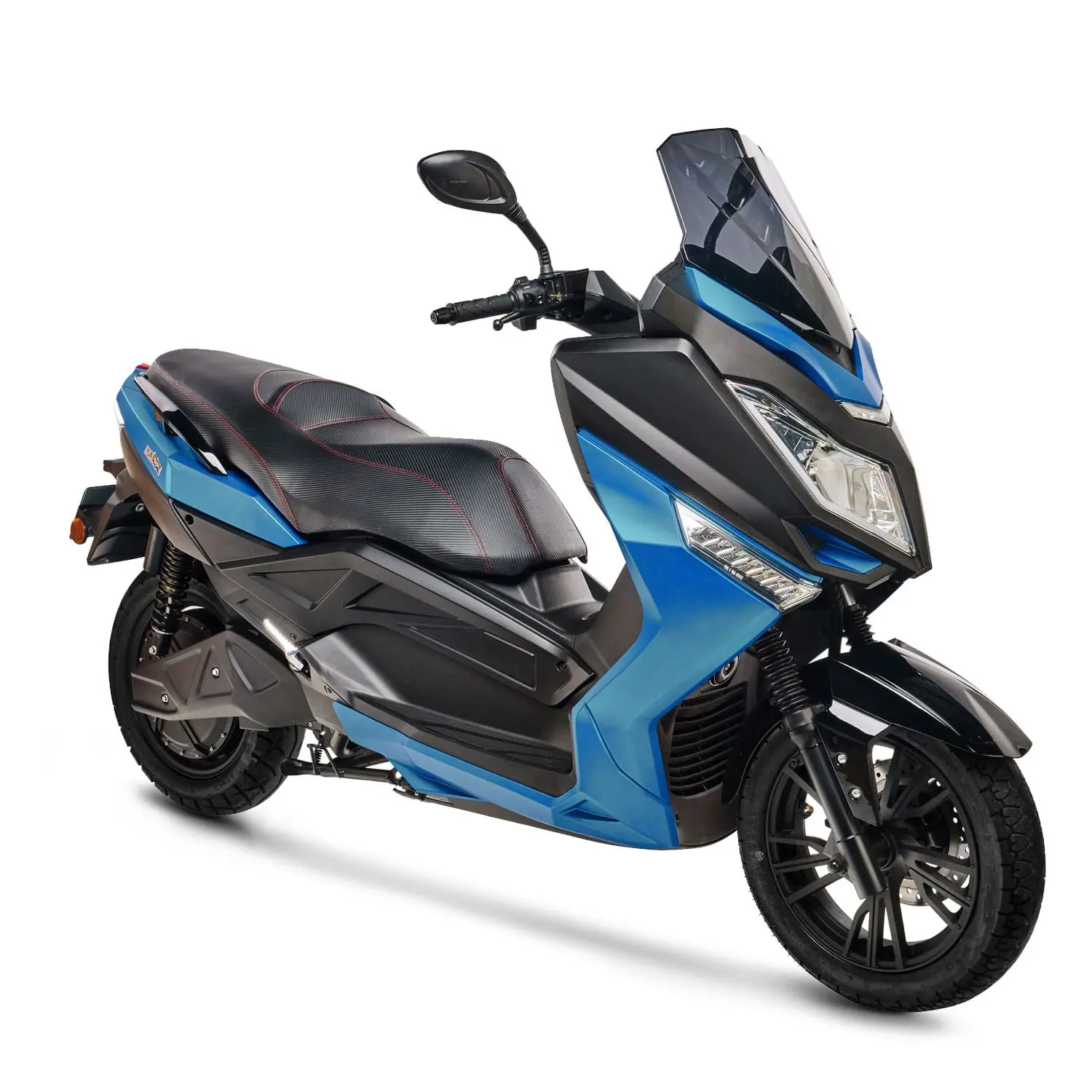 pink-mobility-pink-fly-bleu-trois-quart-face-droit-1 Scooter électrique Pink Mobility Pink Fly Phase 3 bleu – vue trois quarts avant droit.
