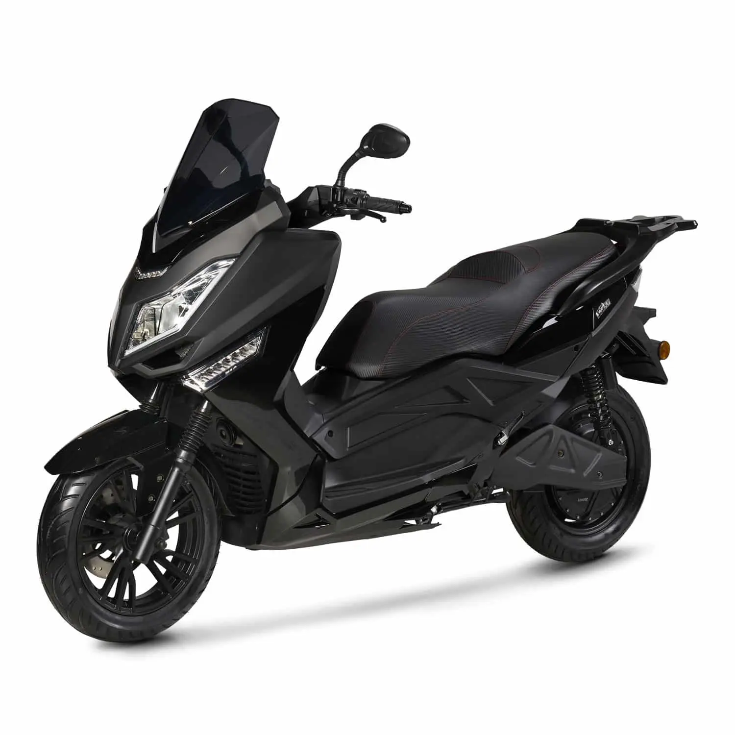 pink-mobility-pink-fly-noir-trois-quart-face-gauche Scooter électrique Pink Mobility Pink Fly Phase 3 noir – vue trois quarts avant gauche.