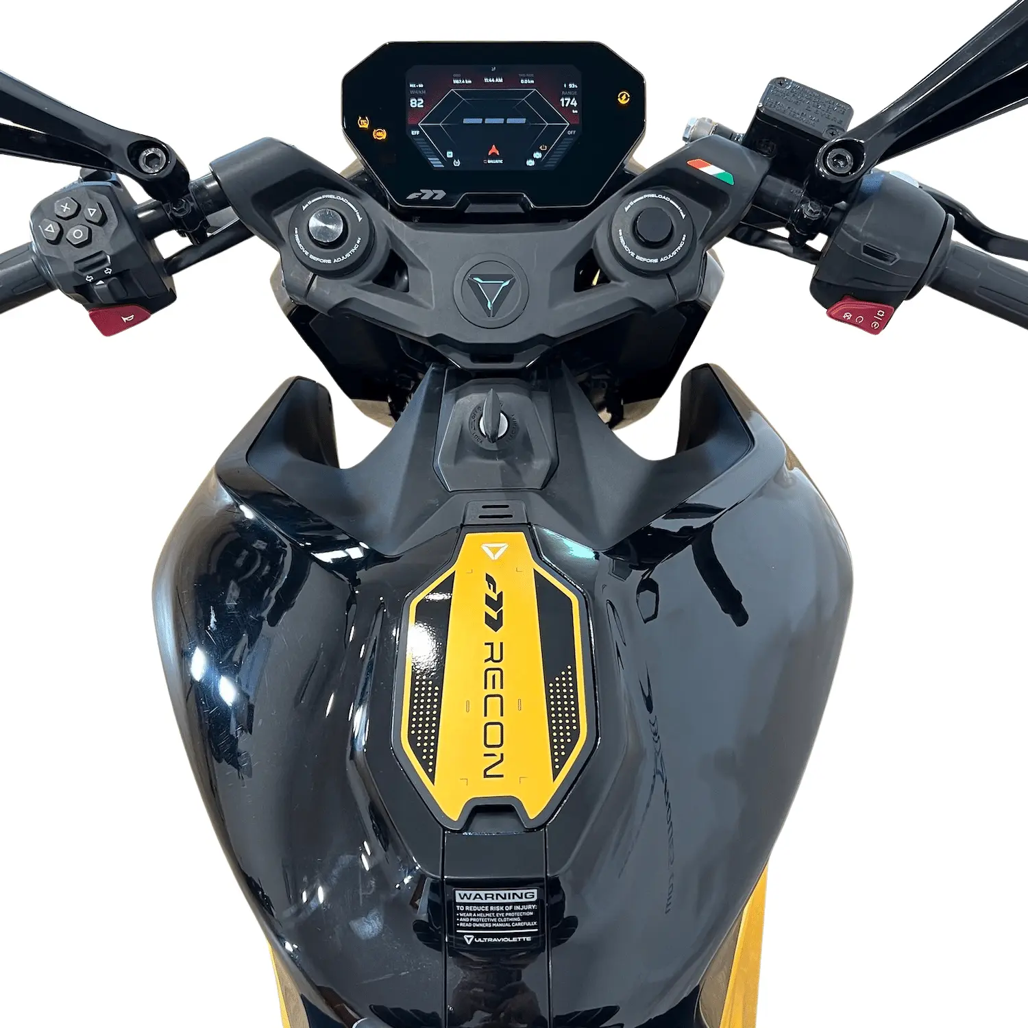 f77-mach-2-jaune-g2r-guidon Tableau de bord numérique de la moto électrique Ultraviolette F77 Mach 2 avec affichage de la vitesse et des modes de conduite.